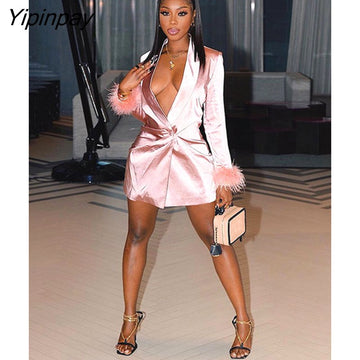 Yipinpay Women Fashion Pink Satin Blazer Coats Lapel Long Sleeve Cuff With Feather Single Button Coat Autumn Casual Office Ladies Blazer